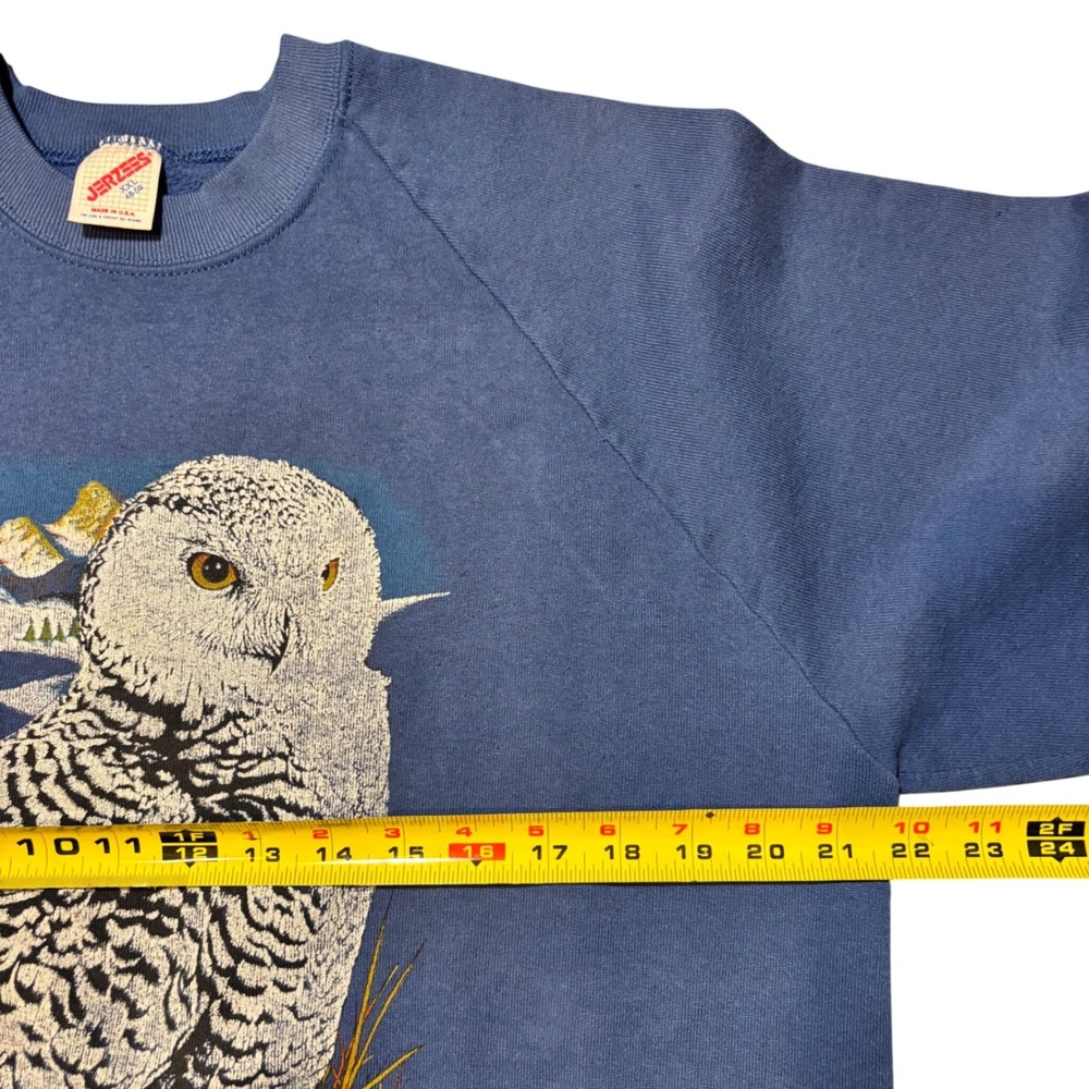 Vintage Snowy Owl Sweatshirt XL Blue Vintage Graphic Raglan Jerzees  USA  90s - Picture 5 of 10